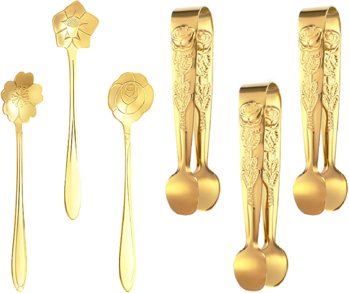 6 Pcs Mini Serving Tongs Rose Stainless Sugar Cube Tongs with Flower Spoon Coffee Teaspoon Stirring Spoon for Tea and Coffee Party, Desserts(Gold)