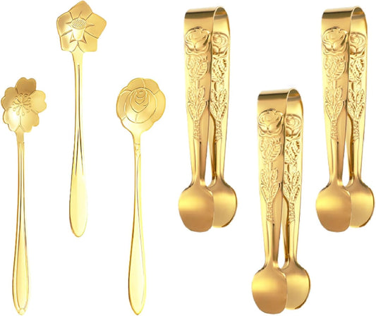 6 Pcs Mini Serving Tongs Rose Stainless Sugar Cube Tongs with Flower Spoon Coffee Teaspoon Stirring Spoon for Tea and Coffee Party, Desserts(Gold)
