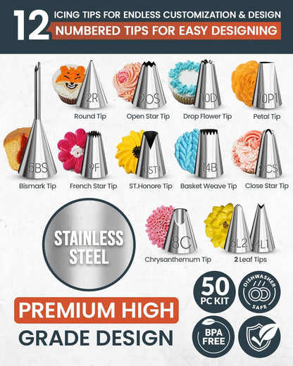 RFAQK 50PCs Cake Decorating Supplies Kit with 12" Aluminum Rotating Cake Turntable Stand, Professional Leveler, Straight & Offset Spatulas, 12 Numbered Icing Tips & Bags