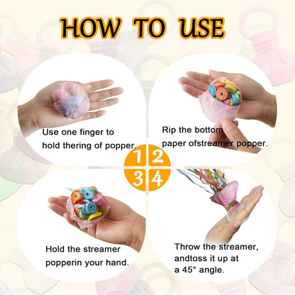 12Pack Hand throw Streamer Poppers 6 Color Mix No Mess Confetti Poppers，Party Poppers No Mess Streamers Easy to Clean Ideal for Celebrations Birthday and Festival