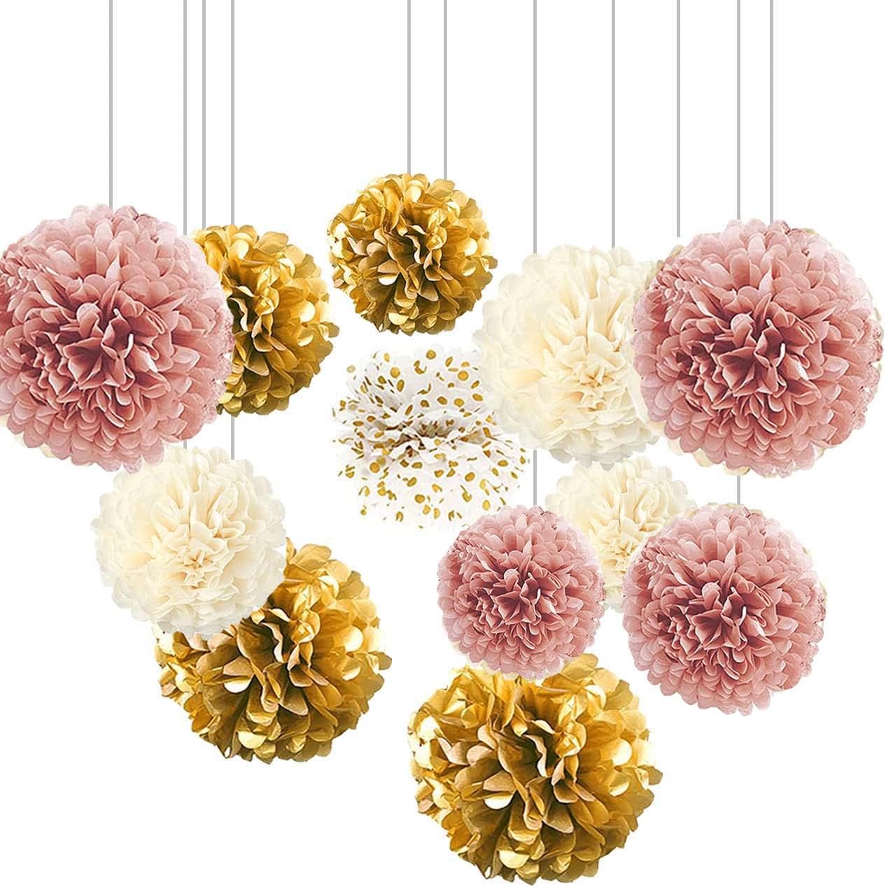 XIKSXITN 12 pc Rose Gold Gradient Tissue Paper Pom poms-Hanging Gold Dot White Paper Pom Poms Paper Flowers Ball for Party Decorative(8&10&12 inch)