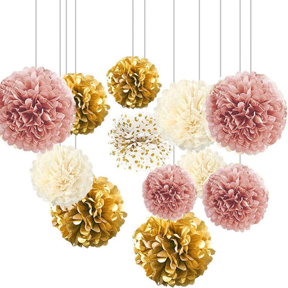 XIKSXITN 12 pc Rose Gold Gradient Tissue Paper Pom poms-Hanging Gold Dot White Paper Pom Poms Paper Flowers Ball for Party Decorative(8&10&12 inch)