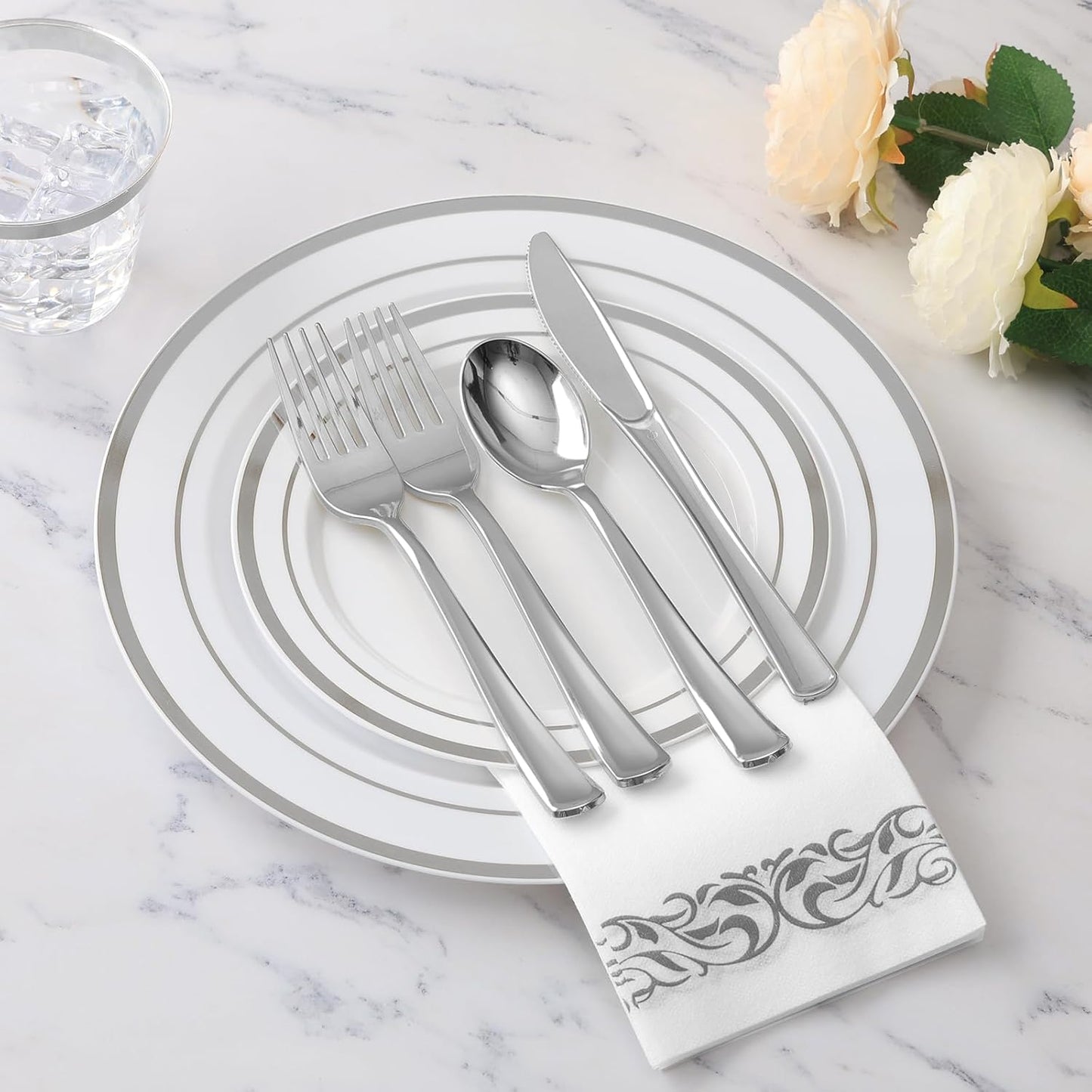 Goodluck 350 Pieces Gold Dinnerware Set for 50 Guests, Plastic Plates Disposable for Party, Include: 50 Gold Rim Dinner Plates, 50 Dessert Plates, 50 Paper Napkins, 50 Cups, 50 Gold Silverware Set