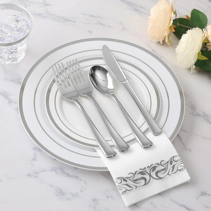 Goodluck 350 Pieces Gold Dinnerware Set for 50 Guests, Plastic Plates Disposable for Party, Include: 50 Gold Rim Dinner Plates, 50 Dessert Plates, 50 Paper Napkins, 50 Cups, 50 Gold Silverware Set