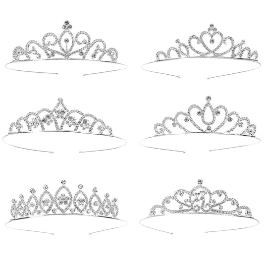 Hedume 6 Pack Princess Crystal Tiara Crown Headbands, Silver Metal Sparkly Glitter Rhinestone Hair Accessories, Girls Women Princess Crown Headbands for Birthday Party, Wedding, Prom, Pageant