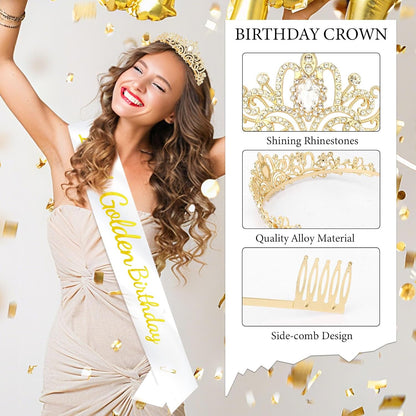 It's My Golden Birthday Sash and Crown Set for Women Girls Birthday Party Decorations Decor Party Favors Gifts
