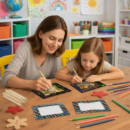 Motipuns 24 Pcs Scratch Picture Frame Craft Kits for Kids DIY Vbs Scratch Paper Photo Frame with Wooden Stylus Back to School 4 x 6 Children Photo Classroom Easter Activities Decor