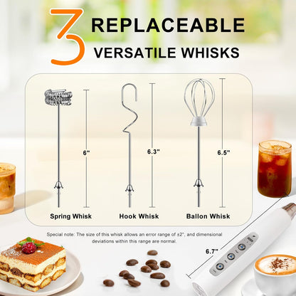 YUSWKO Black Handheld Milk Frother Wand for Coffee, Rechargeable Electric Whisk with 3 Heads 3 Speeds Drink Mixer Coffee Frother For Latte, Cappuccino, Hot Chocolate, Egg