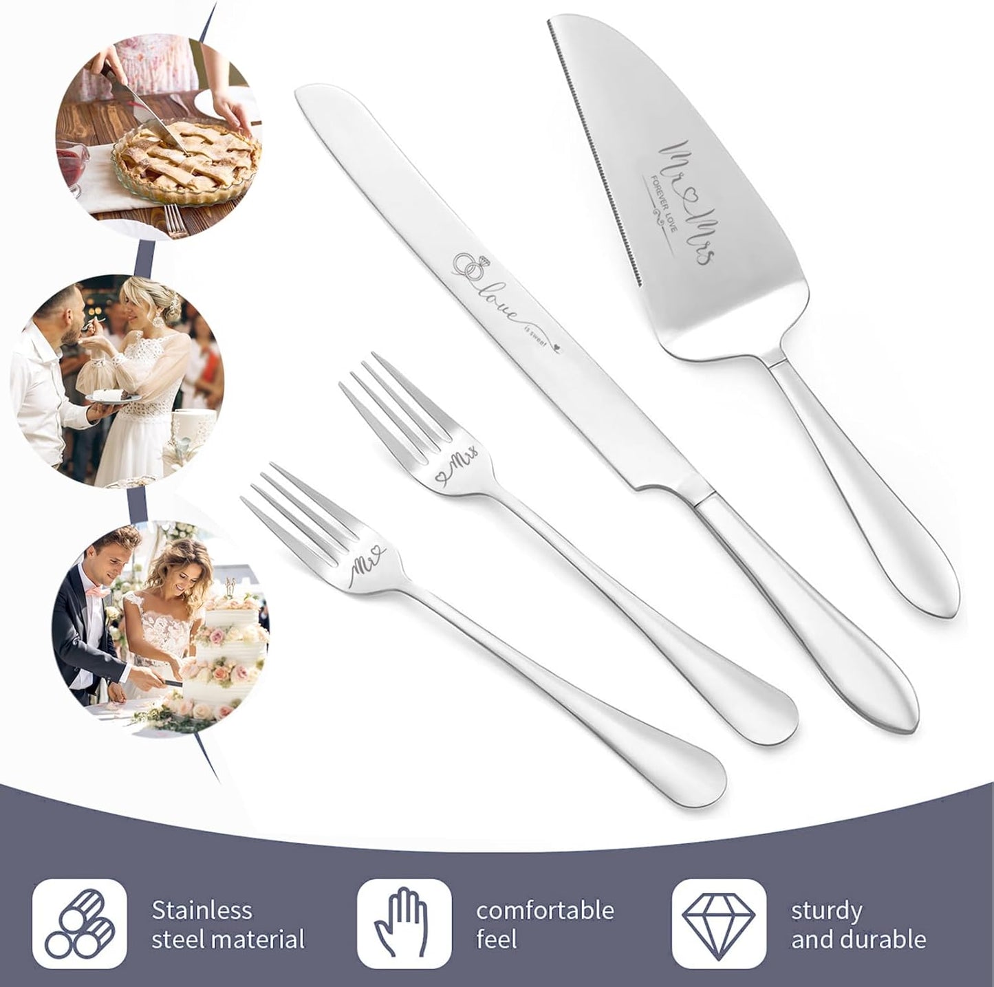 Wedding Cake Knife and Server Set, Mr and Mrs Champagne Flutes & Forks with Giftable Box, Cake Cutting Set for Wedding Engagement Bridal Shower Gifts (Silver)