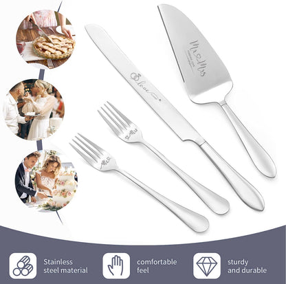 Wedding Cake Knife and Server Set, Mr and Mrs Champagne Flutes & Forks with Giftable Box, Cake Cutting Set for Wedding Engagement Bridal Shower Gifts (Silver)