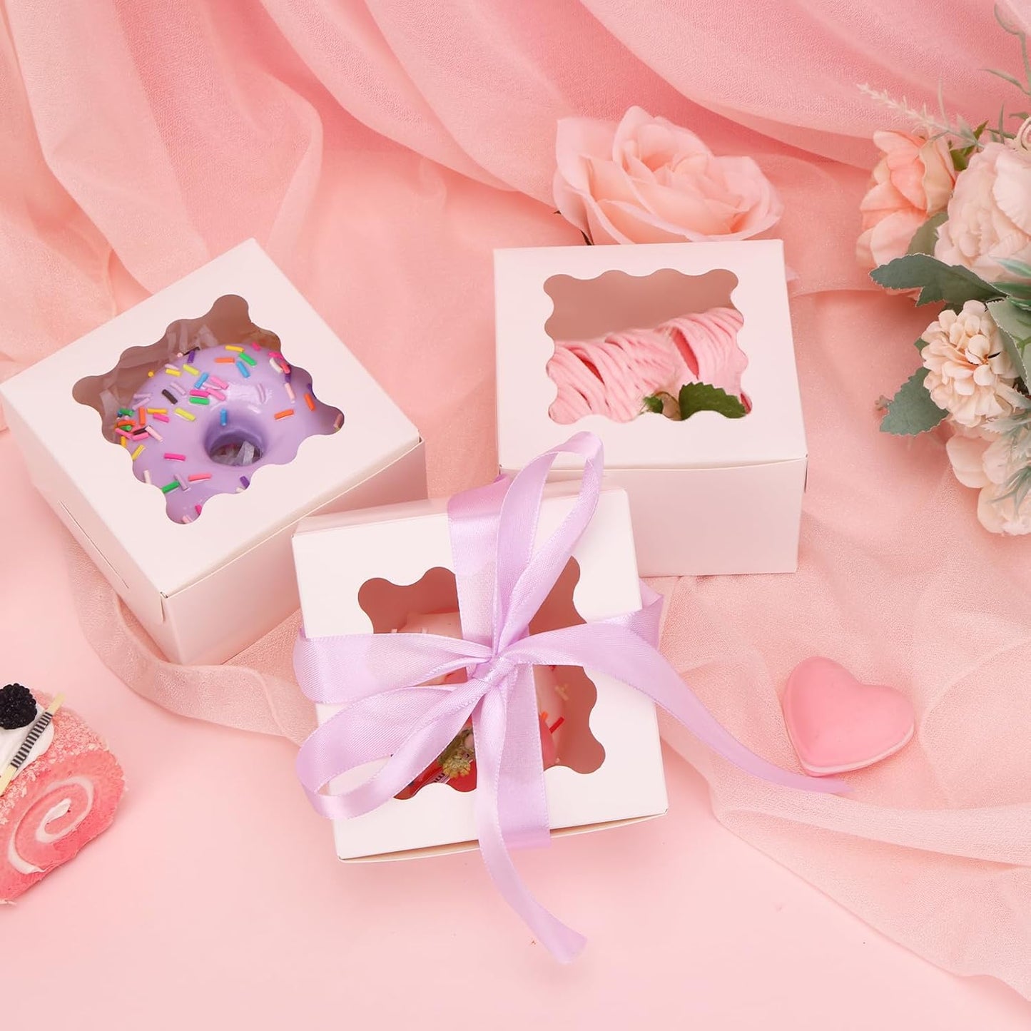 TOMNK 60pcs Cookie Boxes, 8x8x2.5 Inches Bakery Boxes with 2 Style Windows for Chocolate Strawberries, Pie, Pastry, Dessert, Cake, Birthday Party, Mother's Day, Weddings