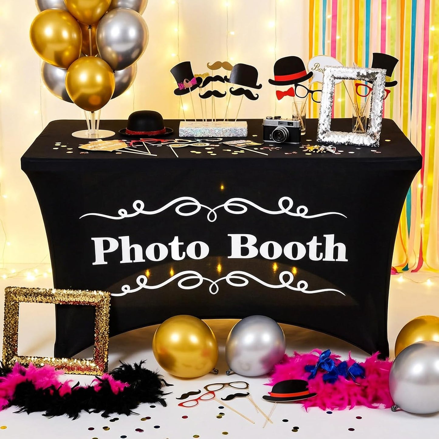 Gilprop Photo Booth Table Cloth Photo Booth Props Accessories Rectangle Tight Table Background for Indoor Outdoor Party Photography Decoration Graduation Wedding Birthday Bachelorette(Stylish,4ft)