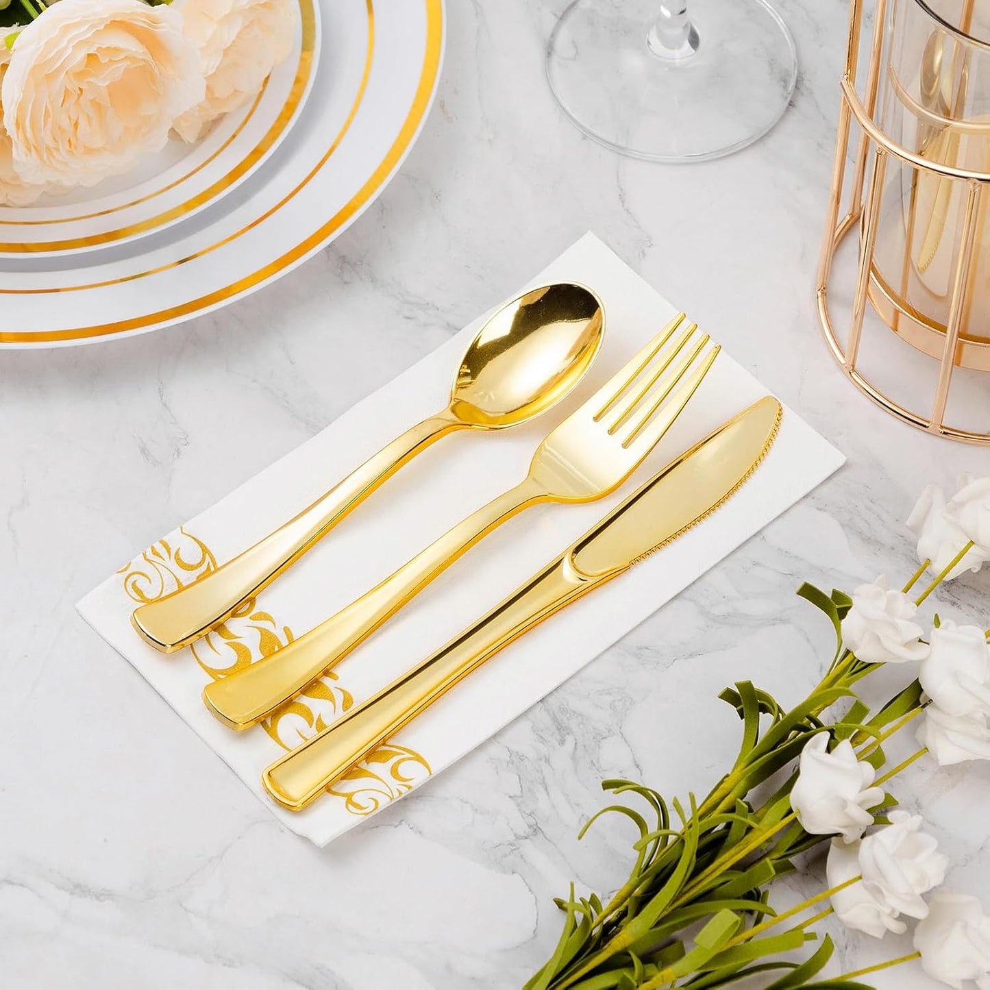 BESTVIP 200 Pack Disposable Paper Napkins, 3-Ply Dinner Napkins with Gold Trim for Guests, Bathroom Paper Hand Towels Soft and Absorbent, Perfect for Kitchen, Dinner, Party, Wedding or Event