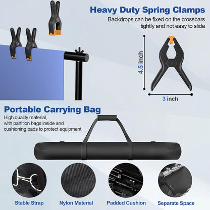 12 x 10ft Photo Video Studio Heavy Duty Backdrop Stand, Adjustable Photography Background Support Systemt Kit with Shock-Proof Spring, Carrying Bag, 6 Clamps