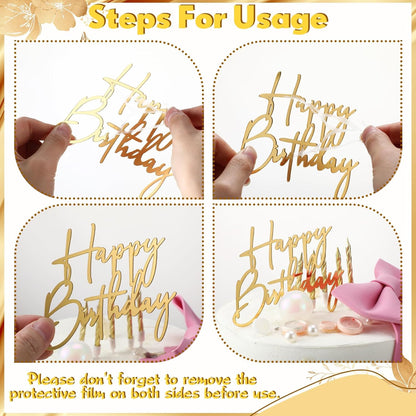 Barydat 24 Pieces Gold Happy Birthday Cake Toppers Mirror Acrylic Cupcake Topper Happy Birthday Sign for Cake Side Cupcake Decorations, 6 Styles