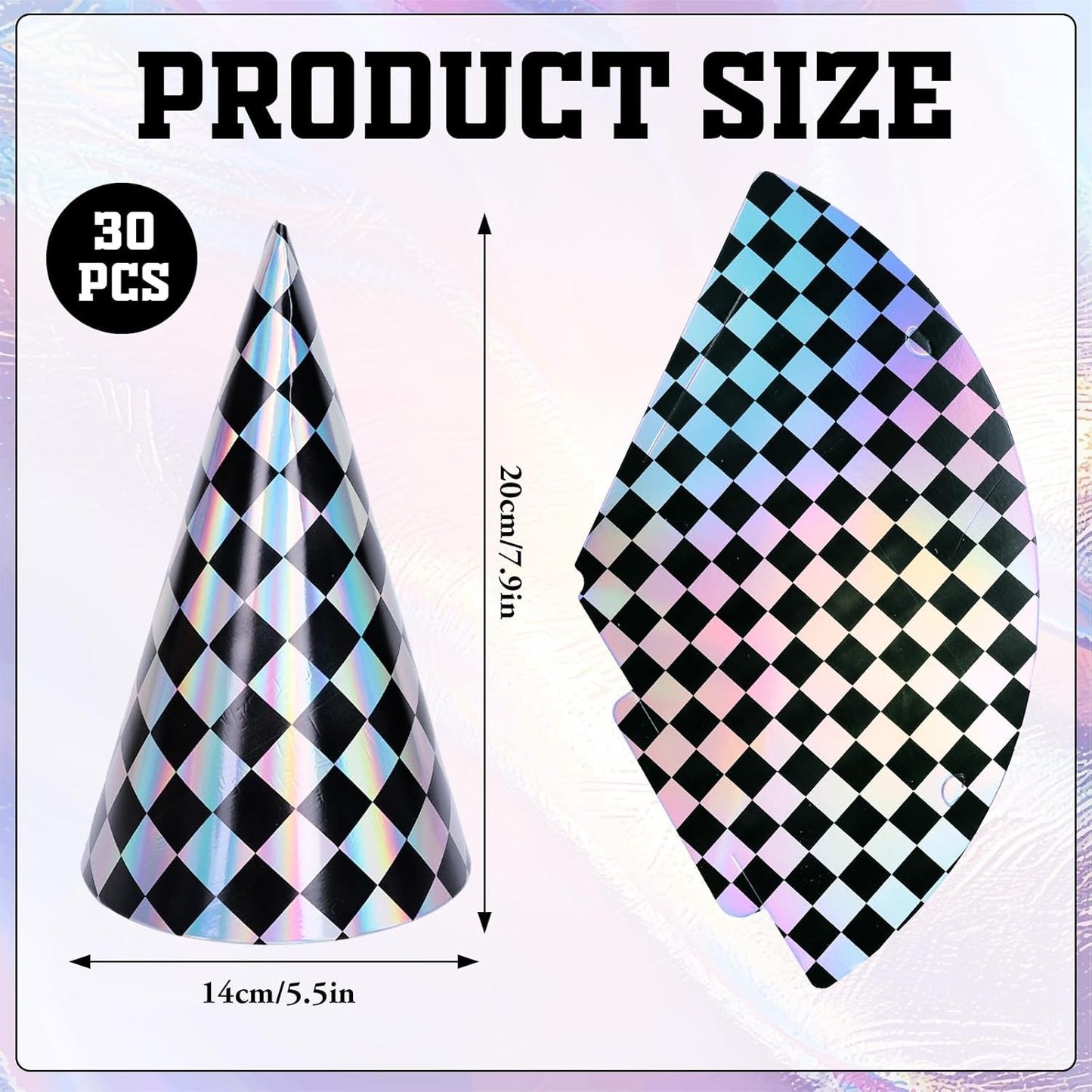 FYSUIMU 30Pcs Iridescent Checkered Birthday Party Hats Holographic Black Checkerboard Design Paper Cone Hat for Race Car Theme Birthday Party Supplies, 5.5 x 7.9 Inch