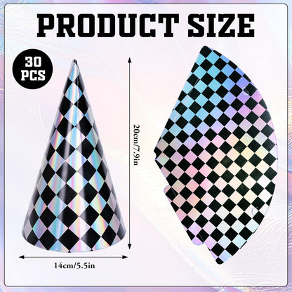 FYSUIMU 30Pcs Iridescent Checkered Birthday Party Hats Holographic Black Checkerboard Design Paper Cone Hat for Race Car Theme Birthday Party Supplies, 5.5 x 7.9 Inch