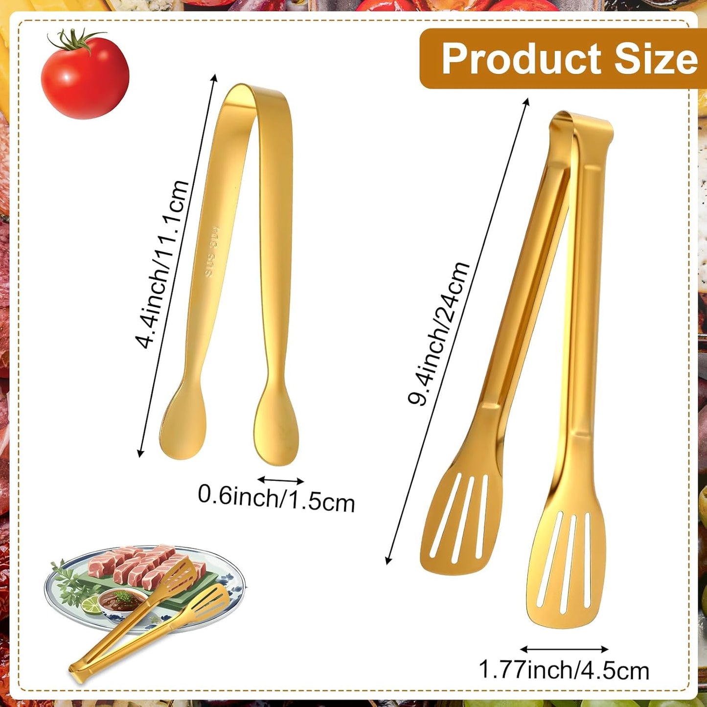 12pcs Gold Tongs for Serving Food, Small Tongs for Appetizers, Stainless Steel Buffet Tong Ice Tong for Appetizers, Tea Party, Coffee Bar, Kitchen Cooking Tools