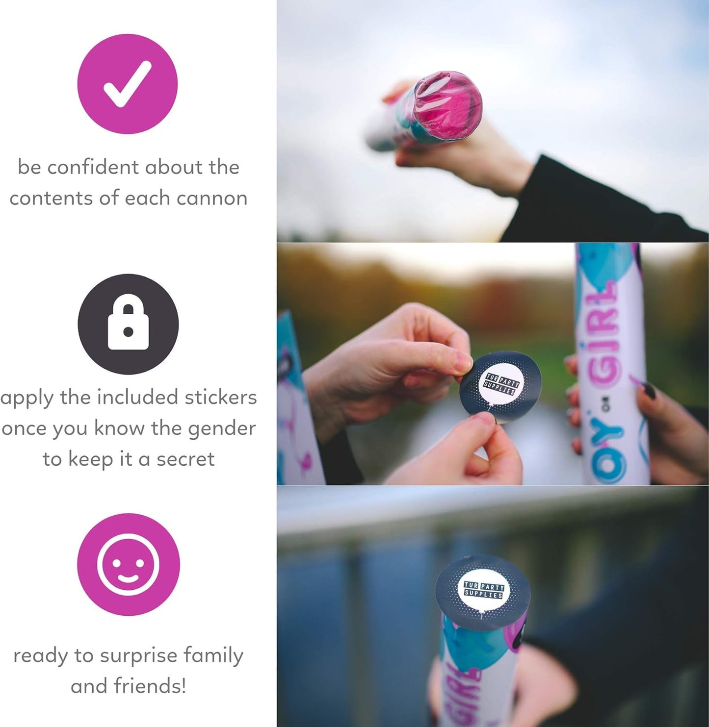 Gender Reveal Powder Smoke Bombs Cannon Poppers | 3 Pink & 3 Blue Poppers | Biodegradable | Alternative to Gender Reveal Smoke Bombs Extinguisher | Gender Reveal Party Decorations | TUR Party Supplies