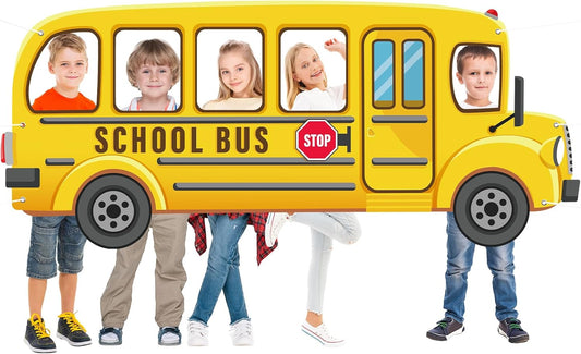 YQUQWN School Bus Photo Prop, Large 76.2X 33 Inch Back to School Backdrop Party Sign Decoration, Selfie Frame Yellow Bus Background Banner for Students First Day Birthday Photo Booth Party Supplies