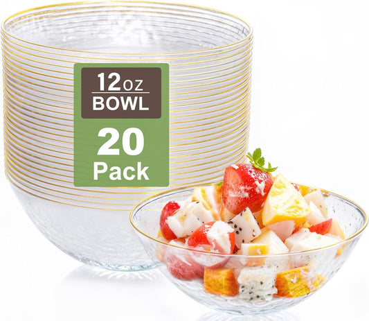 I00000 30 Pack 12 Ounce Pink Plastic Bowls Hammered Clear Bowl with Gold Rimmed, Heavy Duty Disposable Bowl Set,Elegant Salad/Dessert/Ice Cream Small Bowls for Party Weddings