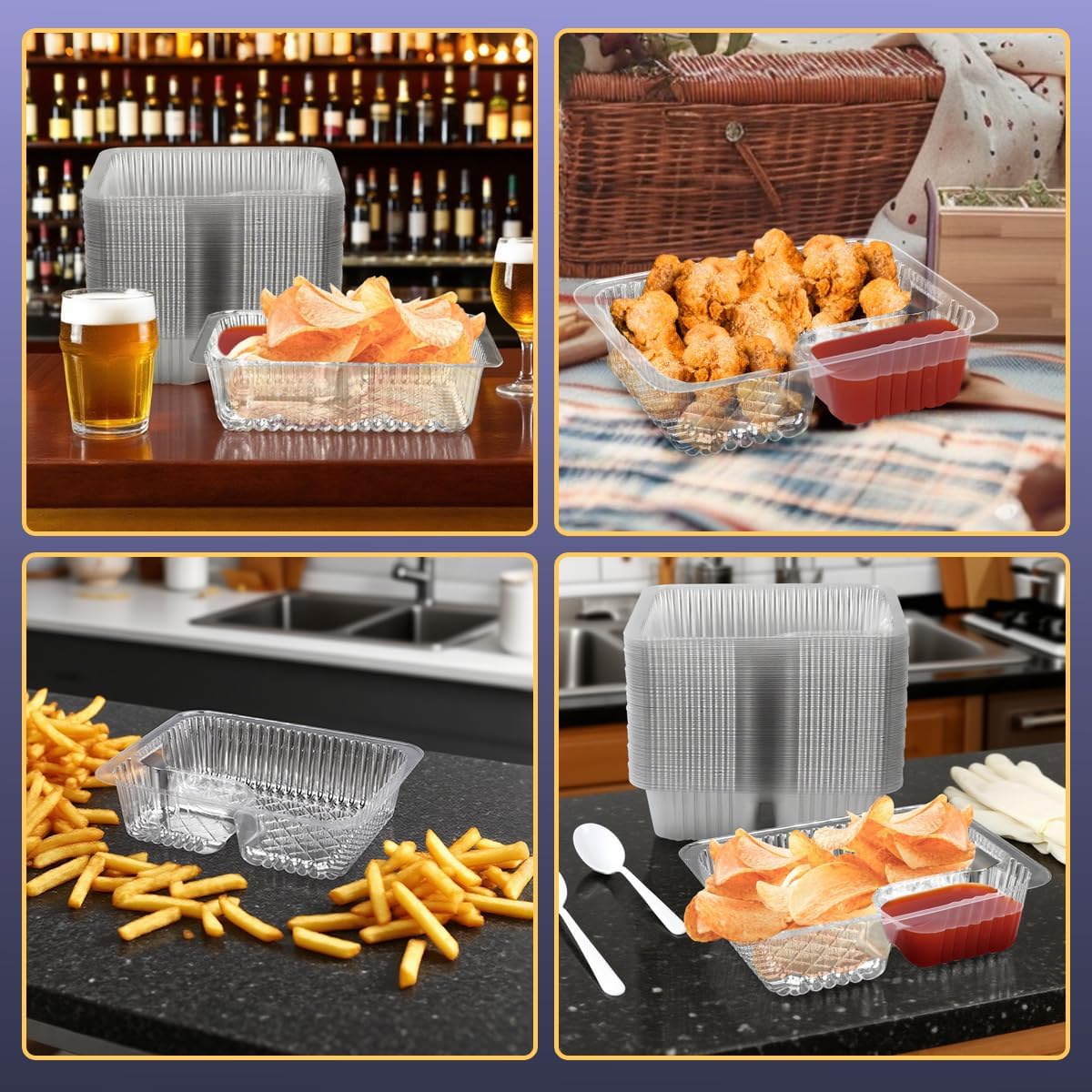 200 Pcs 12oz 6.5''x5'' Plastic Nacho Trays, Small Disposable Tray for Nachos & Cheese Dip, Clear Nacho Containers for Chip, 2 Compartment Movie Night Snack Trays Great for Snacks, Fair Foods