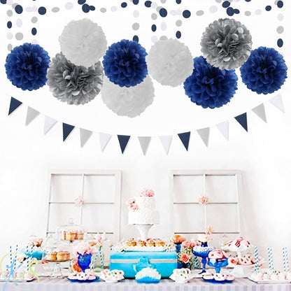 Navy-Blue White Silver Tissue Pom-Poms - 15pcs 5 Size Party Decorations Paper Flowers,Graduation Wedding Baby Bridal Shower Room Hanging Decorations Boy Birthday Party Backdrop Decor Panduola