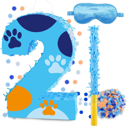 16 Inch Number 2 Dog Paw Pinata with 16 Inch Piñata Stick Blindfold Confetti for Boy Girl Kids 2nd Birthday Party Decorations (2nd)
