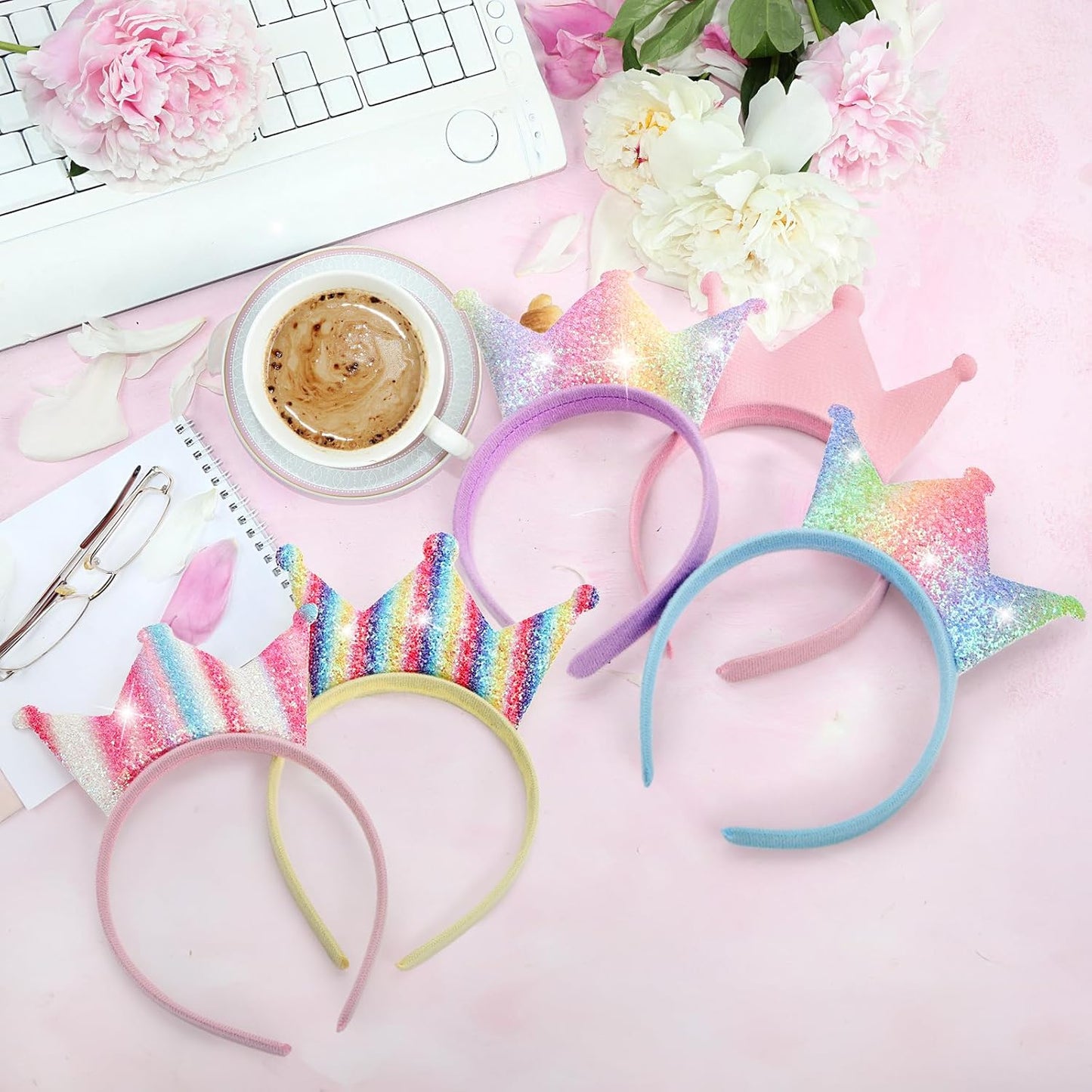16 Pack Princess Crowns Headbands, Glitter Sequin Party Favor Tiara Crown Set, Sparkly Dress Up Costume Shiny Hair Accessories Hairbands for Birthday, Prom
