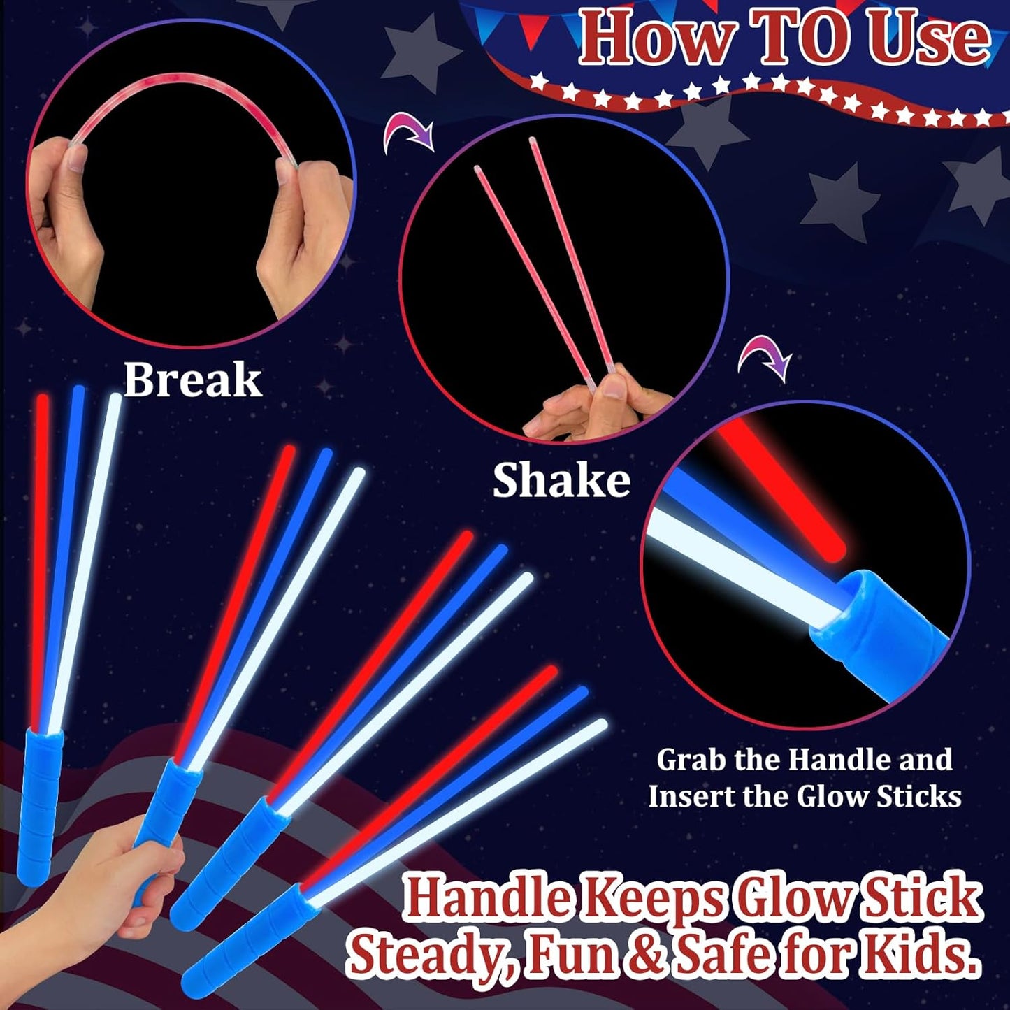 100 Pcs 4th of July Party Favors Glow Sticks with Connectors,Patriotic Glow Stick Red White Blue 3 in 1 Glow Bracelets and Necklaces 4th of July Accessories for Independence Day 250th Anniversary