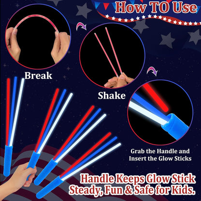 100 Pcs 4th of July Party Favors Glow Sticks with Connectors,Patriotic Glow Stick Red White Blue 3 in 1 Glow Bracelets and Necklaces 4th of July Accessories for Independence Day 250th Anniversary