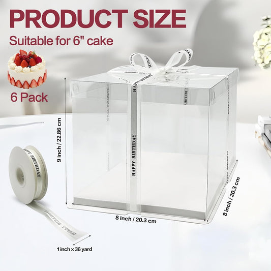 6 Pack Clear Cake Box with Ribbon, 8 x 8 x 9 Inch Transparent Cake Carrier Transport Container, PET Bakery Take Out Transport Containers for Birthday, Holiday, Wedding, Party