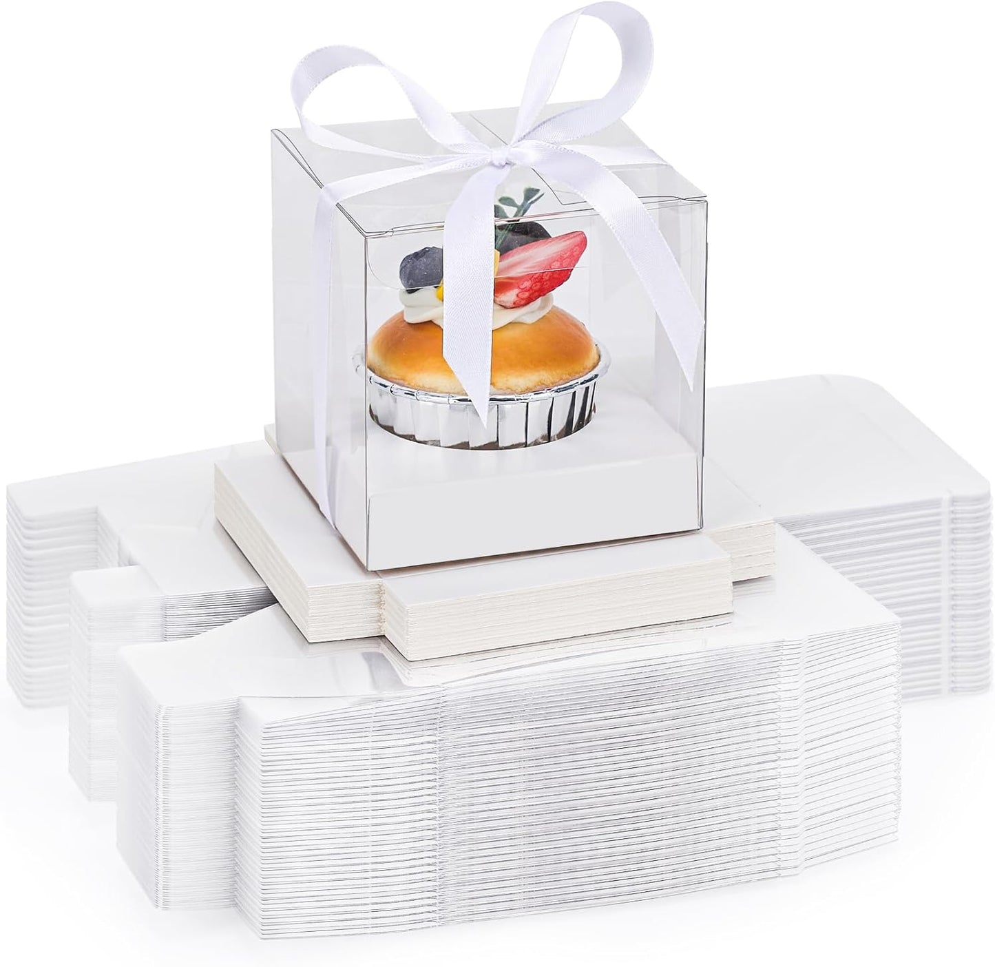 EUSOAR Individual Cupcake Holder, 50pcs 3.5 Inch Plastic Black Cupcake Containers with Lids, Single Transparent Display Clear Cupcake Carrier with Ribbon and Inserts for Wedding Party Favor