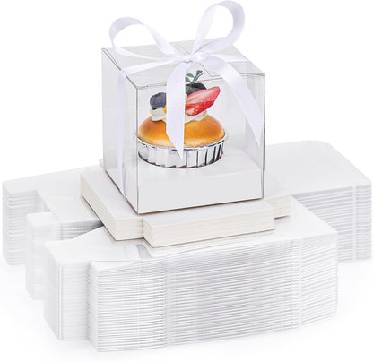 EUSOAR Individual Cupcake Holder, 50pcs 3.5 Inch Plastic Black Cupcake Containers with Lids, Single Transparent Display Clear Cupcake Carrier with Ribbon and Inserts for Wedding Party Favor