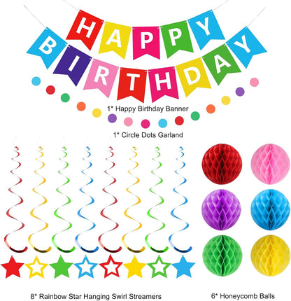 meowtastic Birthday Decorations, Happy Birthday Banner with Honeycomb Balls, Stars Hanging Swirl Streamers, Circle Dots Garland, Happy Birthday Party Decorations for Women Men Boys Girls (Blue)