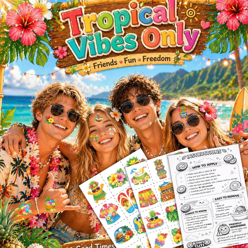 96PCS Tropical Flower Hawaiian Temporary Tattoos Pre-Cut - Hibiscus Plumeria Stickers Beach Summer Hawaiian Birthday Party Decorations, Supplies & Favors - School Gifts Rewards Prizes for Girls Women