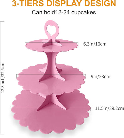 White Cupcake Stand Tower, 3-Tier Cardboard Dessert Display with Heart Handle,Perfect for Birthday Baby Shower Wedding Tea Party Graduation, Easy 60-Second Assembly, Holds 12+Cupcakes (1-Pack)