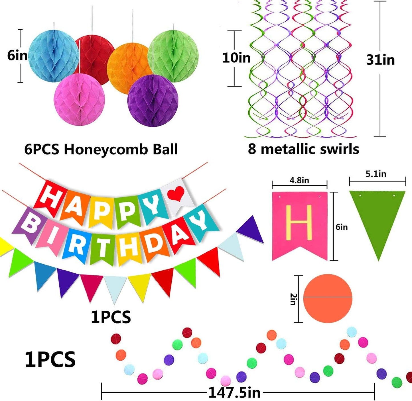 Fecedy Happy Birthday Banner With Colorful Paper Flag Bunting Paper Circle Confetti Garland Swirl Streamers Honeycomb ball for Birthday Party Decorations