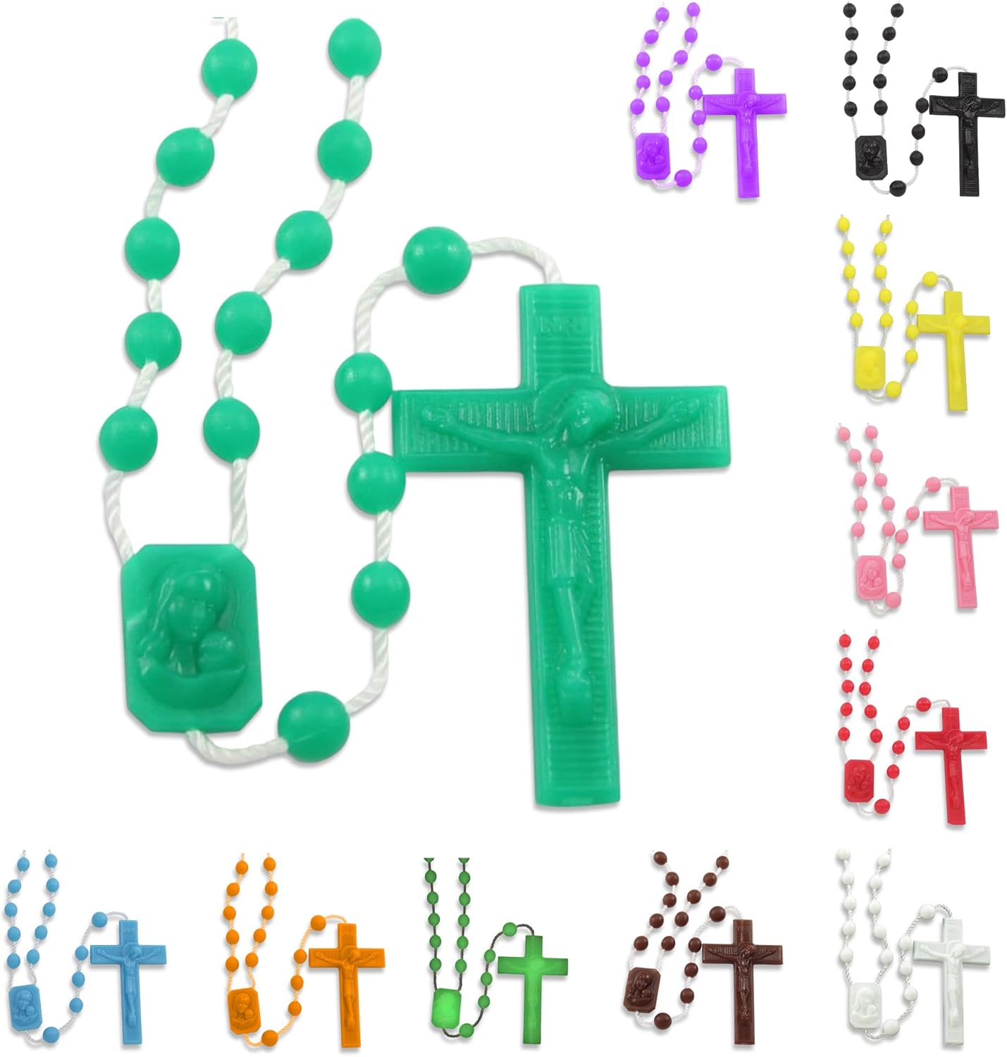 RosaryMart Catholic Rosary Beads for Prayer – Glow in the dark Plastic Rosary Necklace with Crucifix, Durable Nylon Cord, Made in Italy, Devotional Prayer Beads for Women and Men – Pack of 25