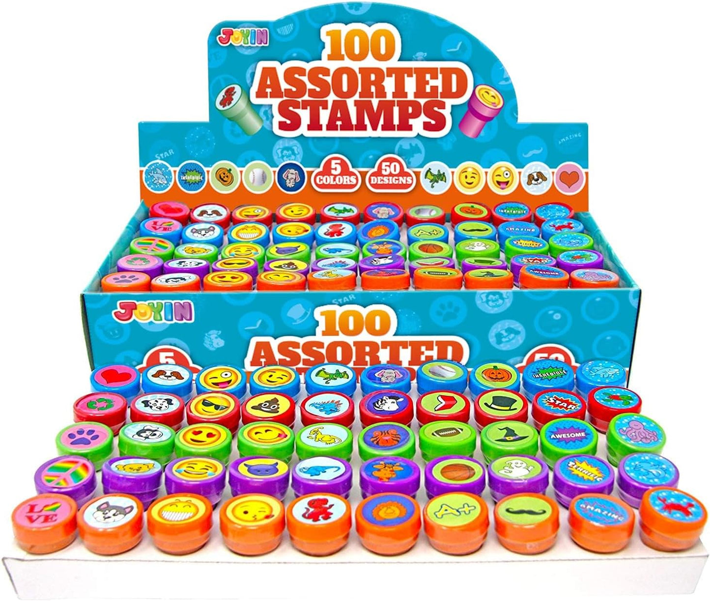 JOYIN 100PCS Assorted Stamps for Kids Self-Ink for Party Favor, Teacher Stamps, Kids Treasure Box, Prize for Classroom, Birthday School Stuffers (50 Designs, Dinosaur, Halloween Stampers)