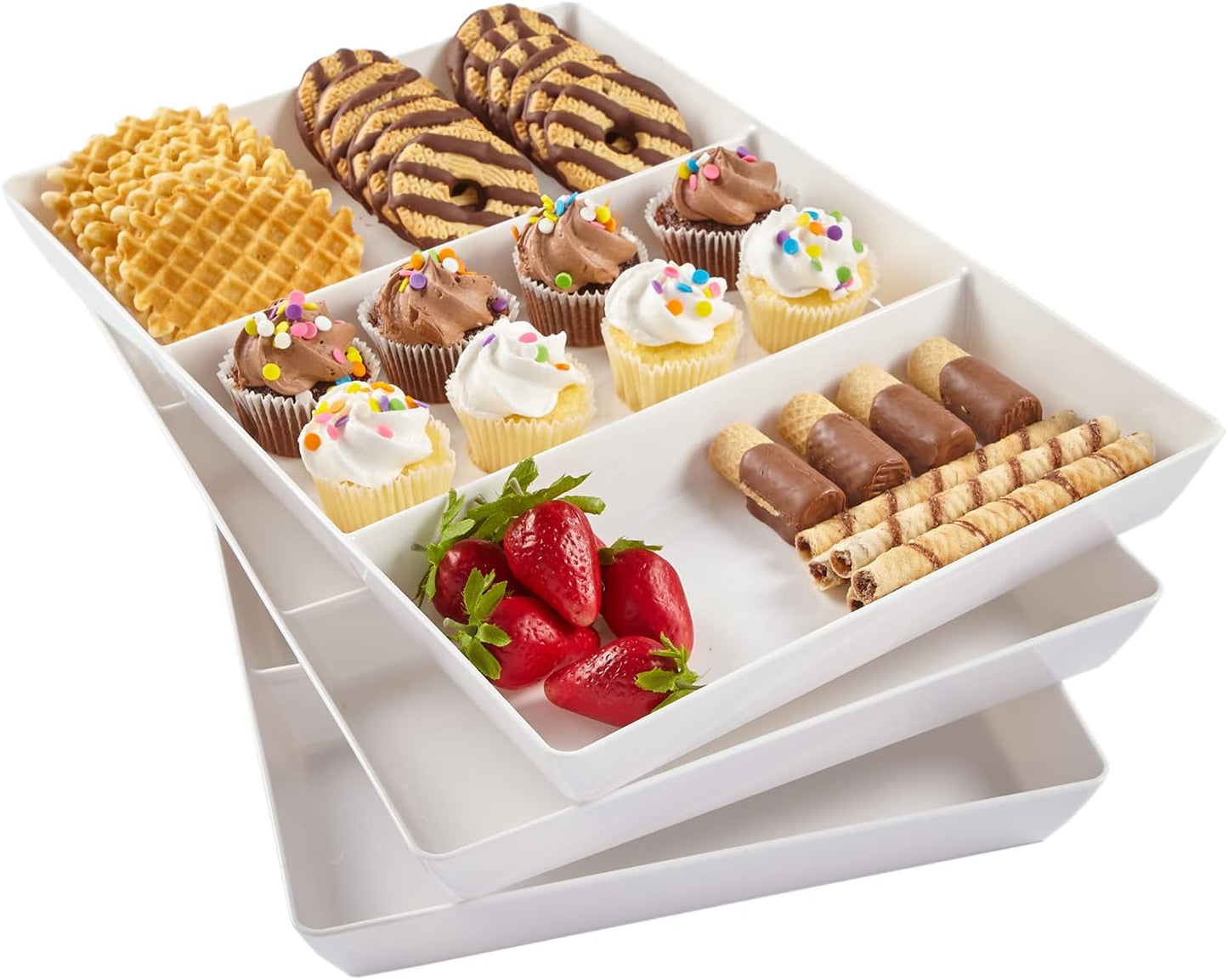 US Acrylic Avant White Plastic Divided Serving Trays (Set of 4) 15” x 5” | Narrow Reusable 3-Section Party Platters | Serve Appetizers, Fruit, Veggies, & Desserts | BPA-Free & Made in USA