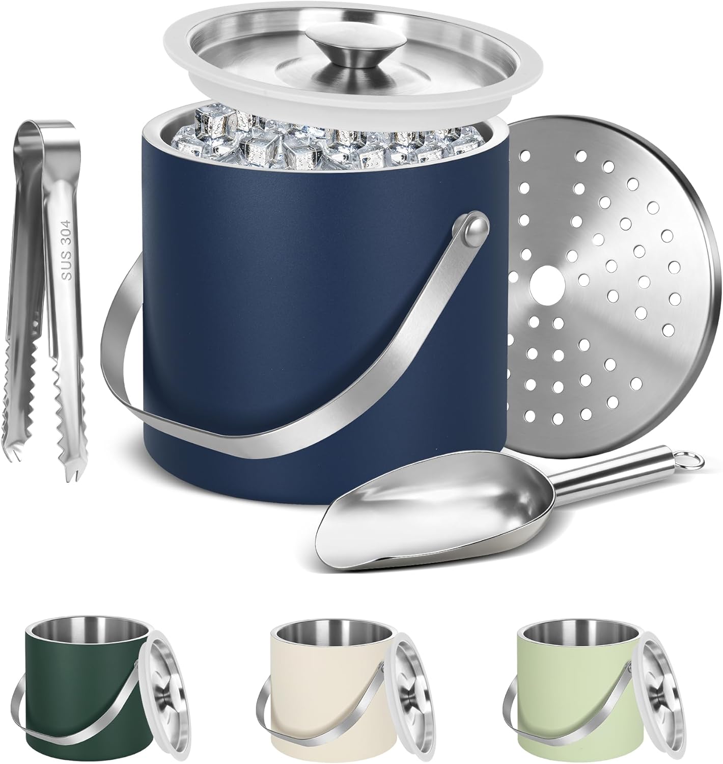 Ice Bucket, Ice Bucket with Silicone Sealing Ring Double-Wall Vacuum Insulation Champagne Buckets with Filter Layer Ice Tongs Ice Scoop (Gold, 3 L)