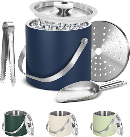 Ice Bucket, Ice Bucket with Silicone Sealing Ring Double-Wall Vacuum Insulation Champagne Buckets with Filter Layer Ice Tongs Ice Scoop (Gold, 3 L)