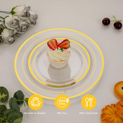 Goodluck 200PCS Gold Plastic Plates, Heavy Duty Disposable Gold Plates with 100 10.25 inch Dinner Plates and 100 7.5 inch Dessert Plates for Party, Holiday, Wedding, Thanksgiving