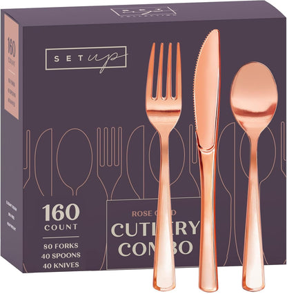 SETUP [160 Count] Disposable Silverware, Silver Combo Cutlery - 80 Forks, 40 Spoons, 40 Knives - Heavy Duty, and Durable Silver Plastic Silverware Set Great for Parties, Events and Everyday use
