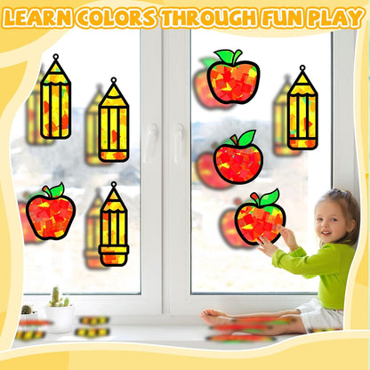 QOUBAI 32 Sets Stars Suncatchers Craft Back to School DIY Stained Glass Window Patriotic 4th of July Paper Craft Home School Classroom Decor Kid Birthday Gift Creative Art Activity Game - Colors B