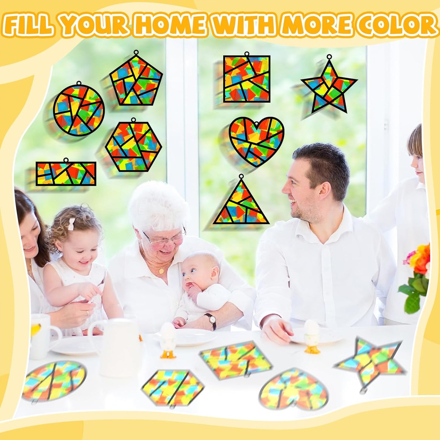 QOUBAI 32 Sets Stars Suncatchers Craft Back to School DIY Stained Glass Window Patriotic 4th of July Paper Craft Home School Classroom Decor Kid Birthday Gift Creative Art Activity Game - Colors A