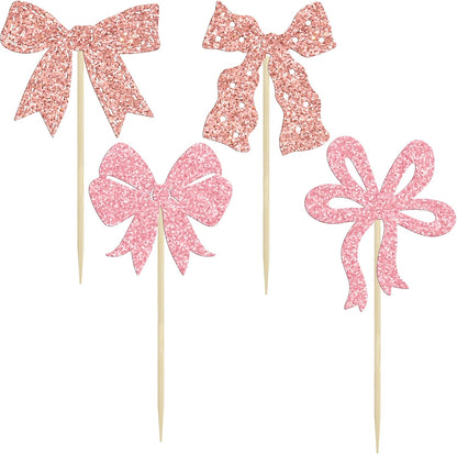 Ephlyn 24Pcs Pink Bow Cupcake Toppers Bow Birthday Cake Topper Girls Birthday Party Decorations Bowknot Cupcake Decorations for Bridal Wedding Themed Party Multi