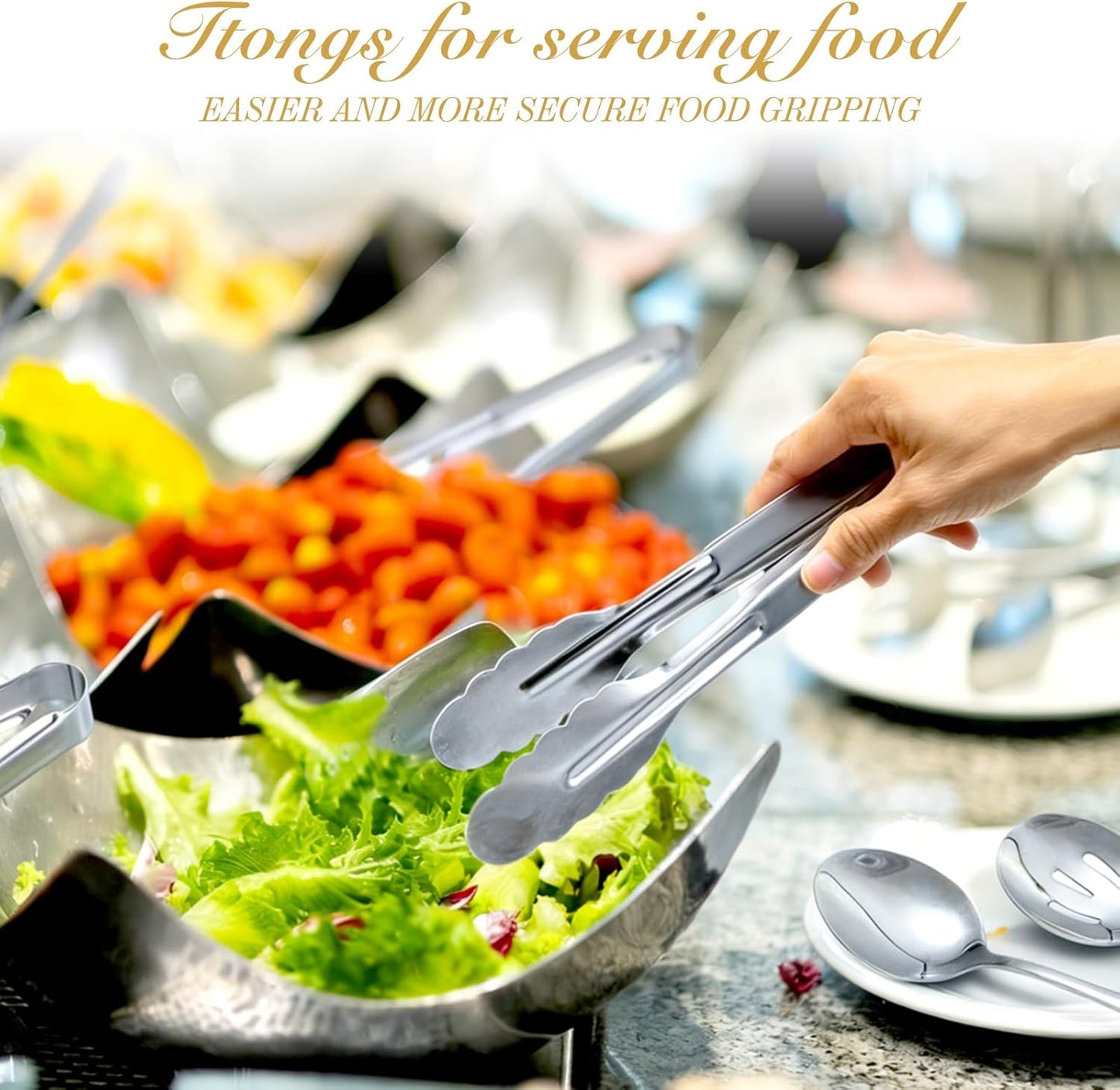Mwellewm 17Pcs Serving Utensils, Gold Stainless Steel Serving Spoons, Slotted Spoon, Fork, Tongs, Cake Pie Server, Soup Spoon, Metal Buffet Banquet Cutlery Set for Parties Entertaining Catering