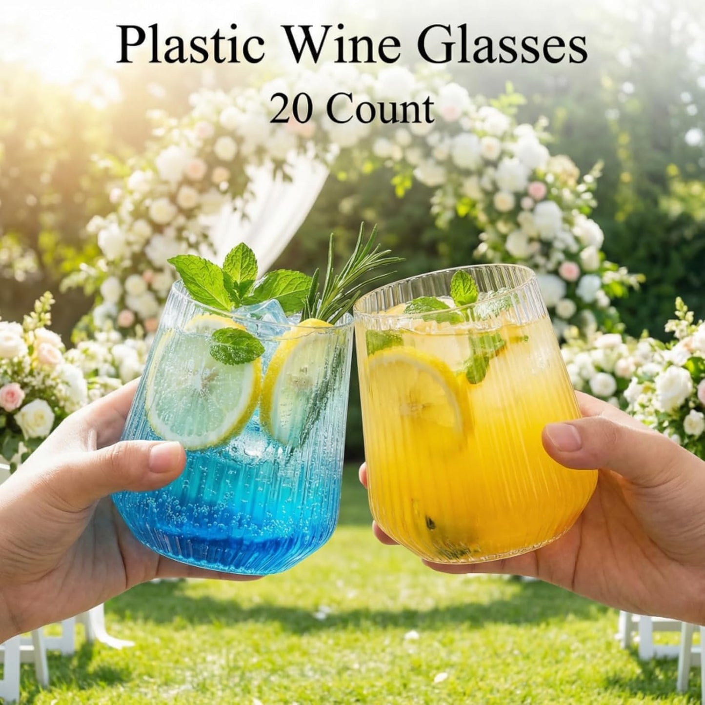 Tebery 20 Pack Plastic Ribbed Wine Glasses, 12 Oz Unbreakable Stemless Cocktail Cups for Party, Disposable Reusable Origami Style Ridged Drinking Tumbler for Champagne Catering Wedding Picnic Bar
